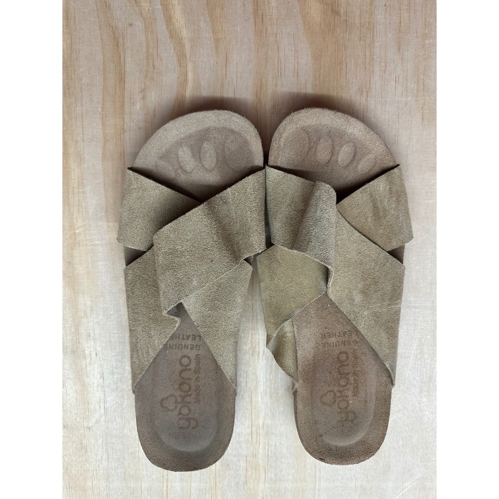 Yokono Womens Tan Suede Leather Slide Sandals Made in Spain Size 9 Cork Footbed